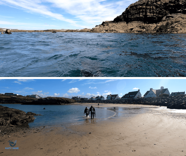 two photos of beach and water with rocks and divers and sand