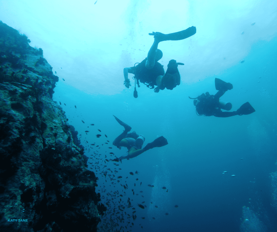 photo of three scuba diver shadows against blue ocean and rock underwater