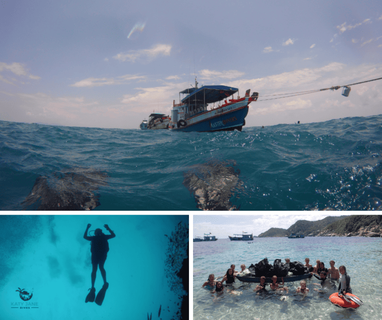 three photos of water, boats and divers