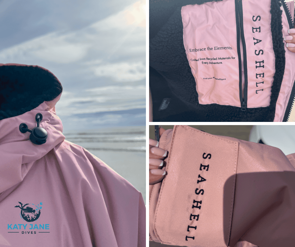 college of pink changing robe on beach with water in background