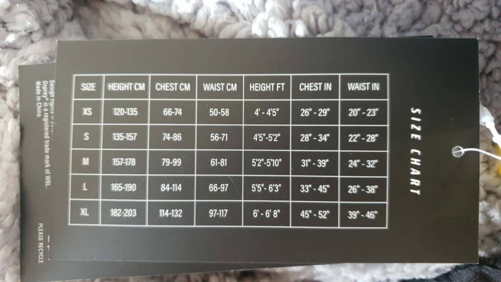 Osprey Size Chart Tag