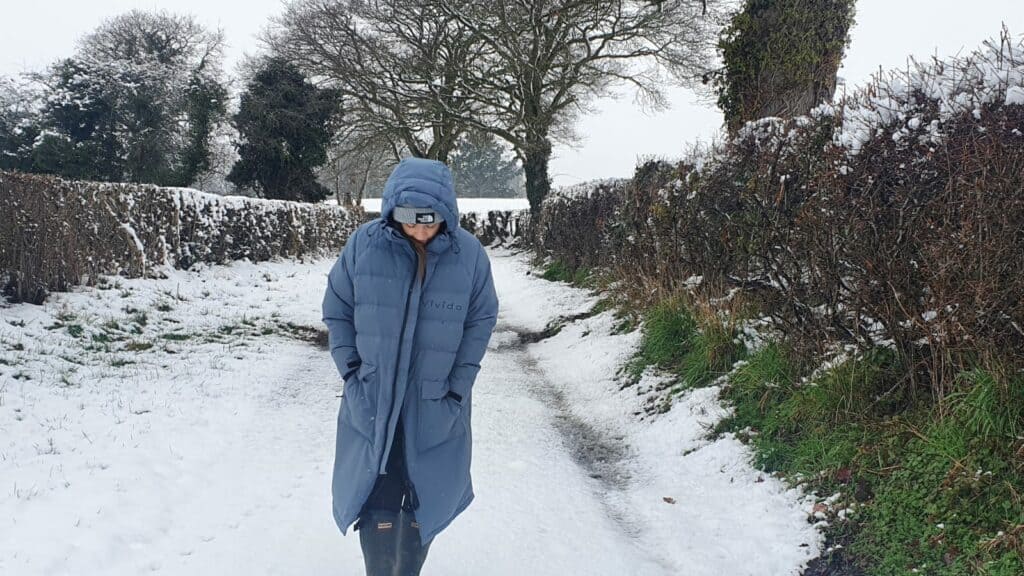 Katy Jane wearing Vivida puffer robe walk