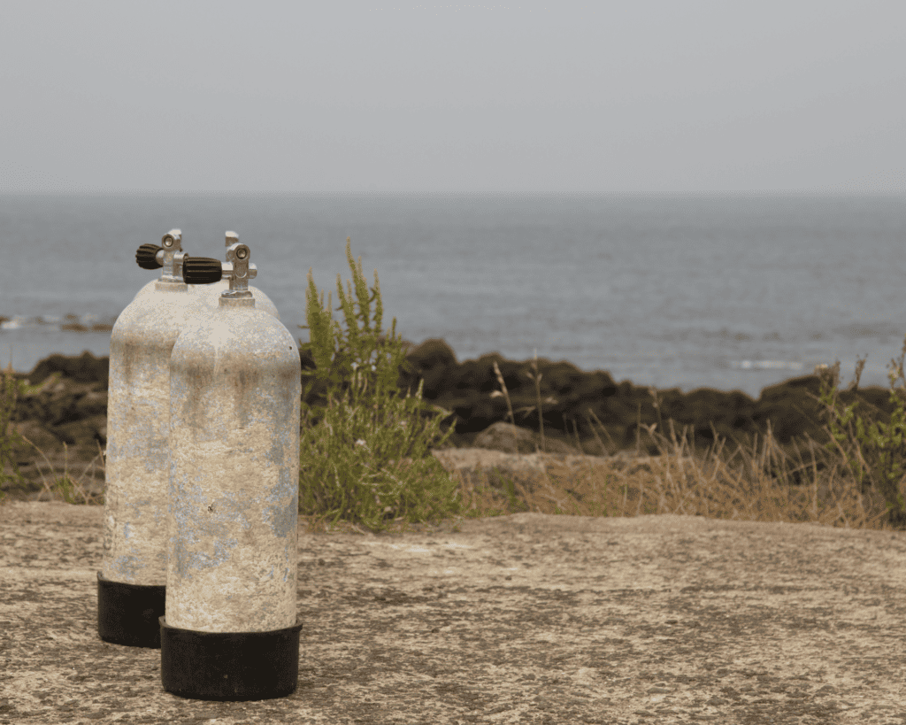 two scuba tanks on land next to sea