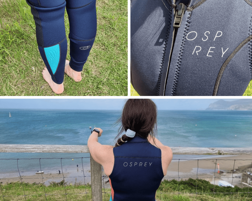 collage of features of long jane wetsuit osprey