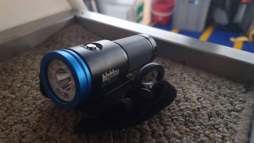 black and blue dive torch on table
