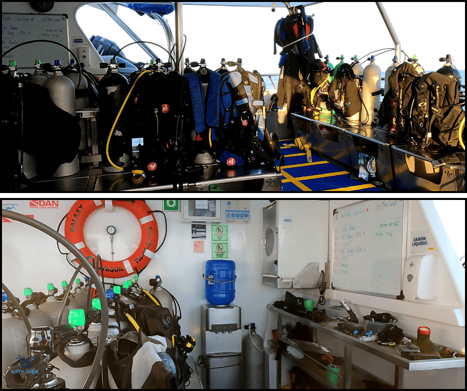 photos of a dive platform on a boat with dive equipment