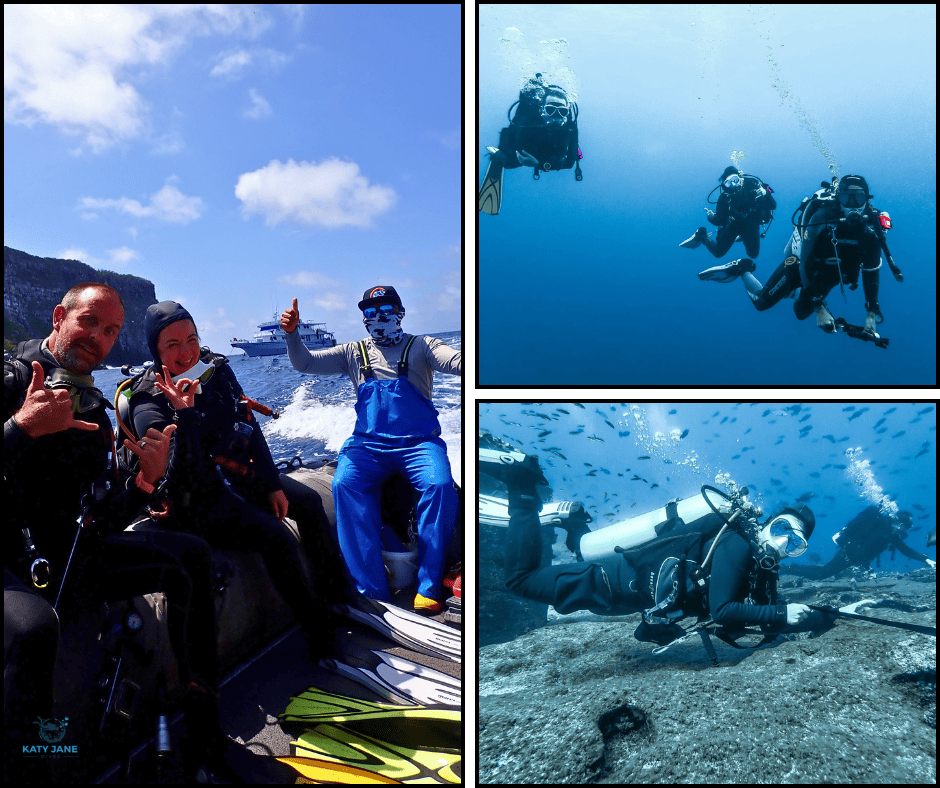 photos of scuba divers on a boat and underwater
