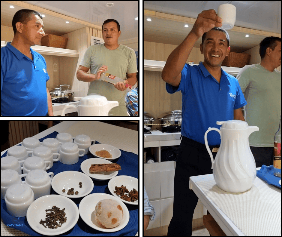photos of waiter making a drink with bowls and jugs