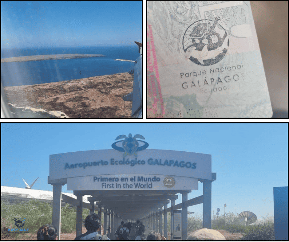 photos of galapagos from plane, airport entrance and passport stamp