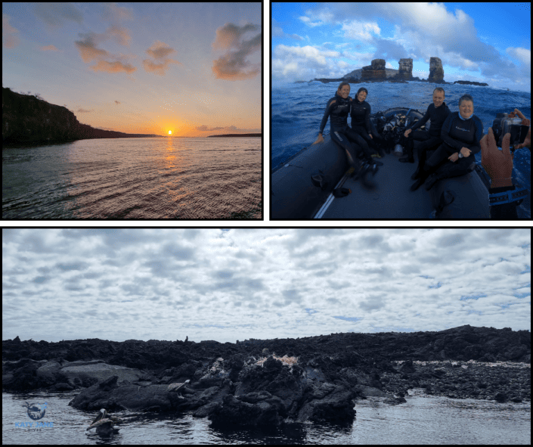 images of ocean and rocks with divers on a boat