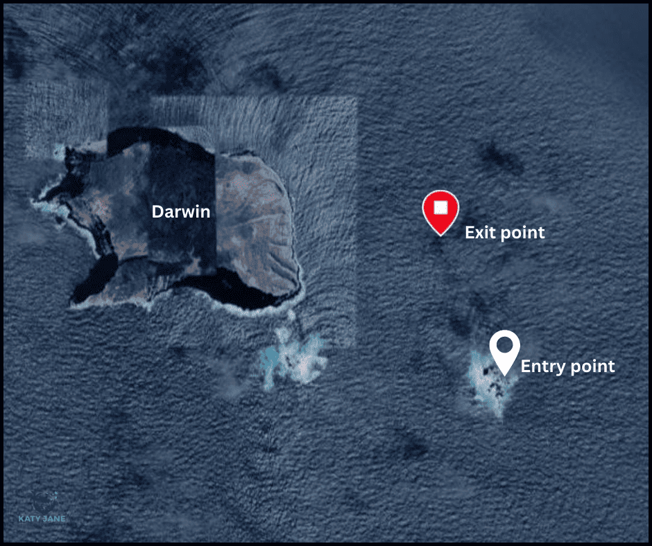 map with one island showing point of entry of dive and an exit point