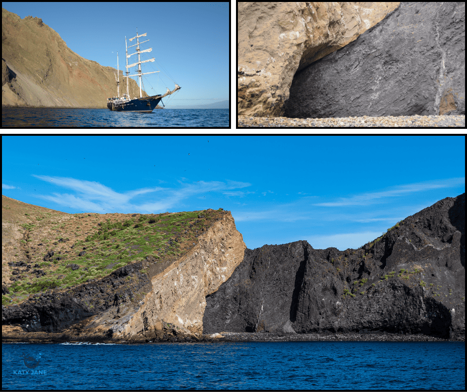 three photos of volcanic island rock formations with water