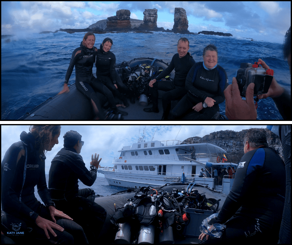 divers on a small boat with dive equipment