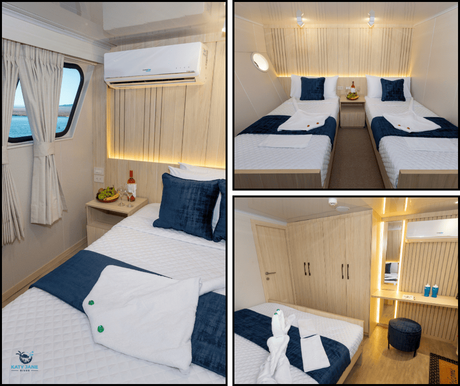 collage of photos of beds in a cabin on a boat