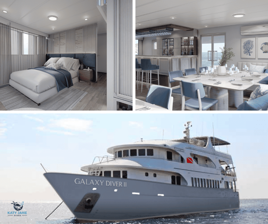 photos of new big boat of outside and inside bedroom and dining and bar area