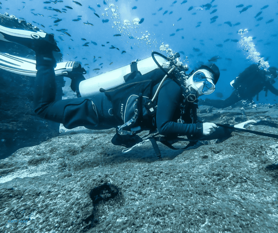 person in scuba diving gear underwater holding rock