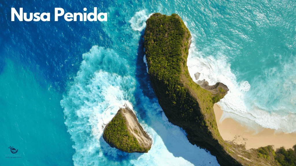 Arial photo of edge of rocky island covered in trees with golden sand and crashing waves in deep blue and turquioise water